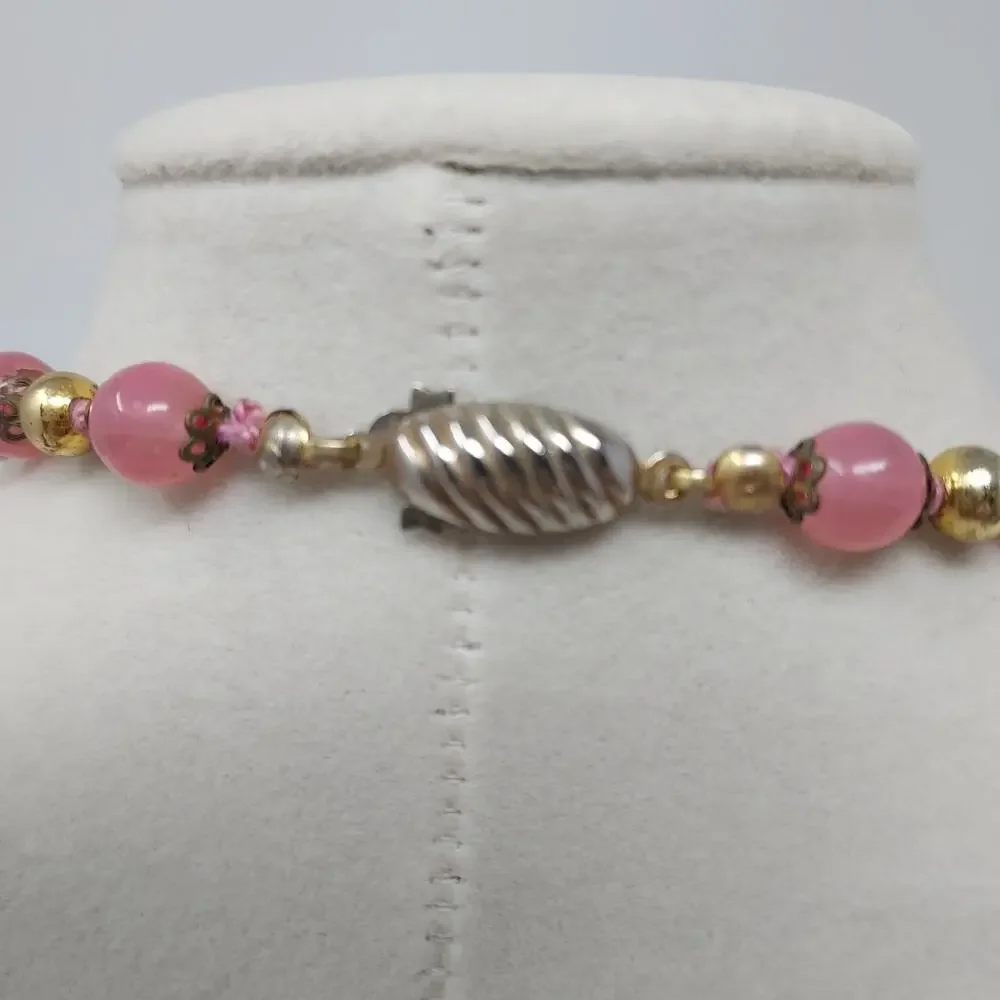 Vintage Pink Art Glass Mixed Bead Necklace Hand Knotted Gold Tone Push Clasp 23